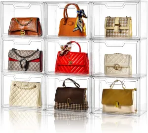 Purse Organizer for Closet,Clear Acrylic Display Case for Handbag Organizer, Purse Storage Box with Magnetic Door, Plastic Storage Bins for Book, Collectibles, Cosmetic (9 Pack)