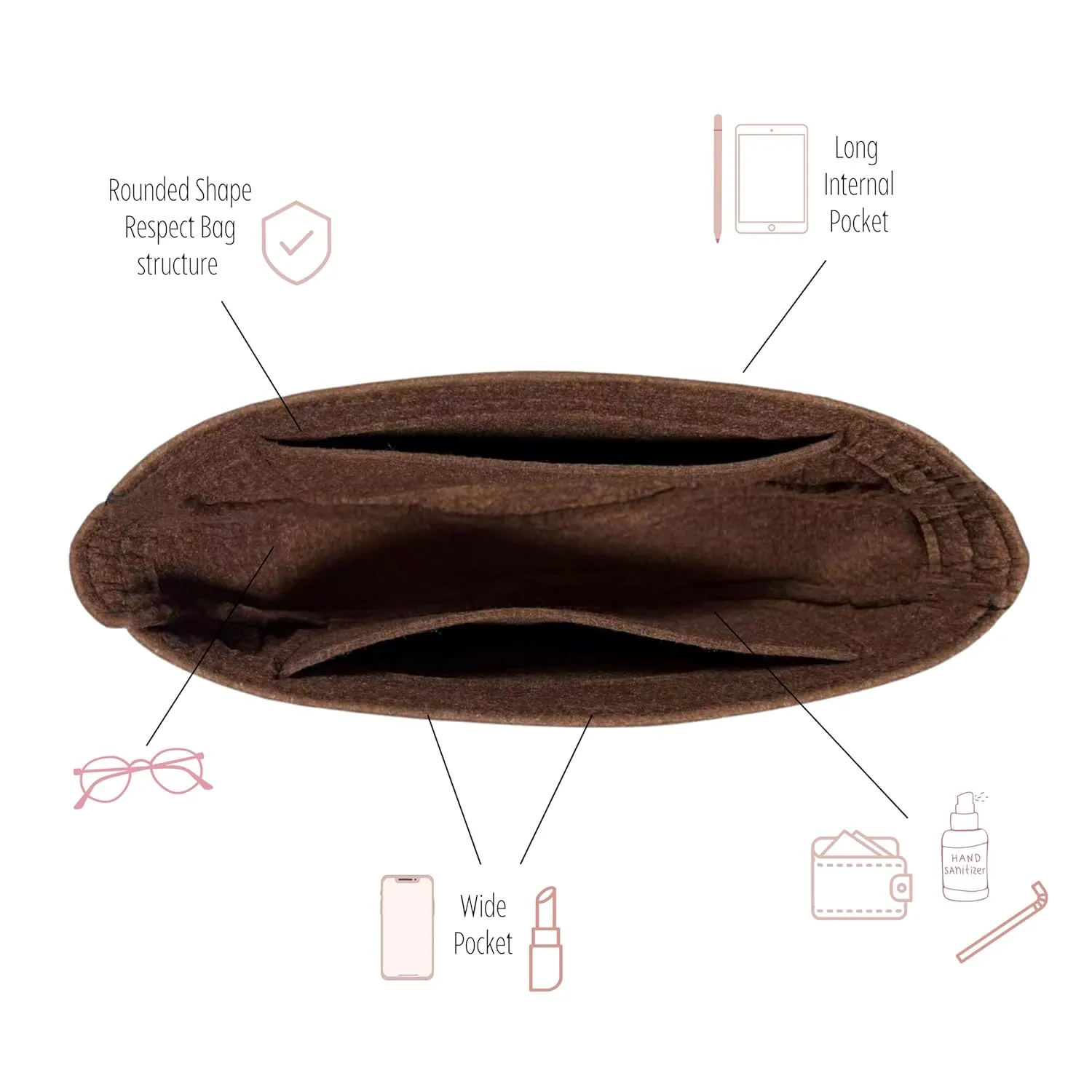 Purse Organizer for Lv Loop Hobo Bag Insert, Lv Loop Hobo GM Bag Organizer, Handmade 2mm Premium Felt Snug Sturdy Gold Zipper (For Loop Hobo GM, Brown)
