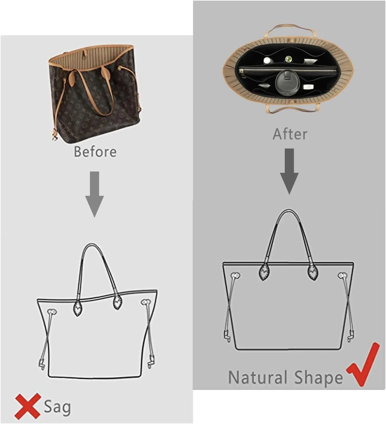 Purse Organizer Insert For Handbags, Purse Organizer With Zipper, Neverfull Organizer, Bag Organizer For Speedy Neverfull ONTHEGO Tote, Handbag and More (Silky Black, X-Large)