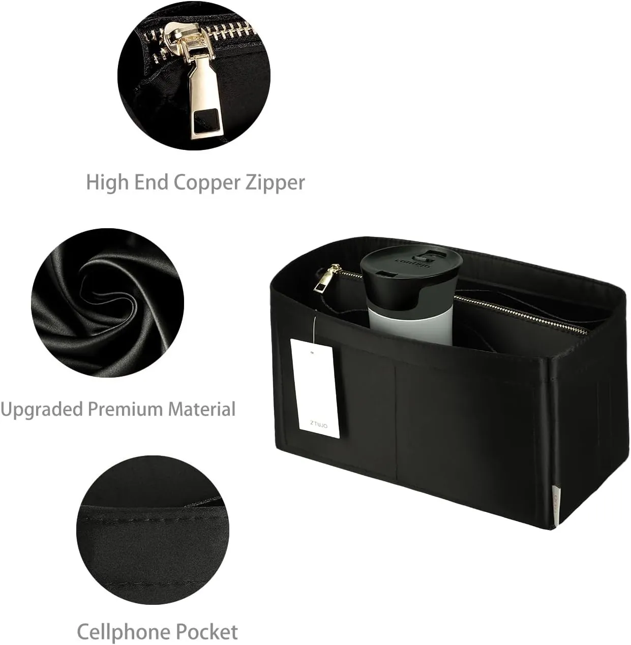 Purse Organizer Insert For Handbags, Purse Organizer With Zipper, Neverfull Organizer, Bag Organizer For Speedy Neverfull ONTHEGO Tote, Handbag and More (Silky Black, X-Large)