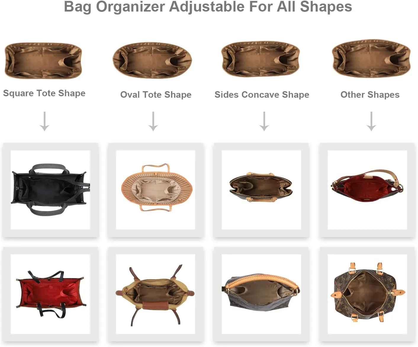 Purse Organizer Insert For Handbags, Silk Purse Organizer with Zipper, Silky Smooth, Bag Organizer For Speedy Neverfull Tote,onthego,Artsy, 6 Sizes (XL,Silky Brown)