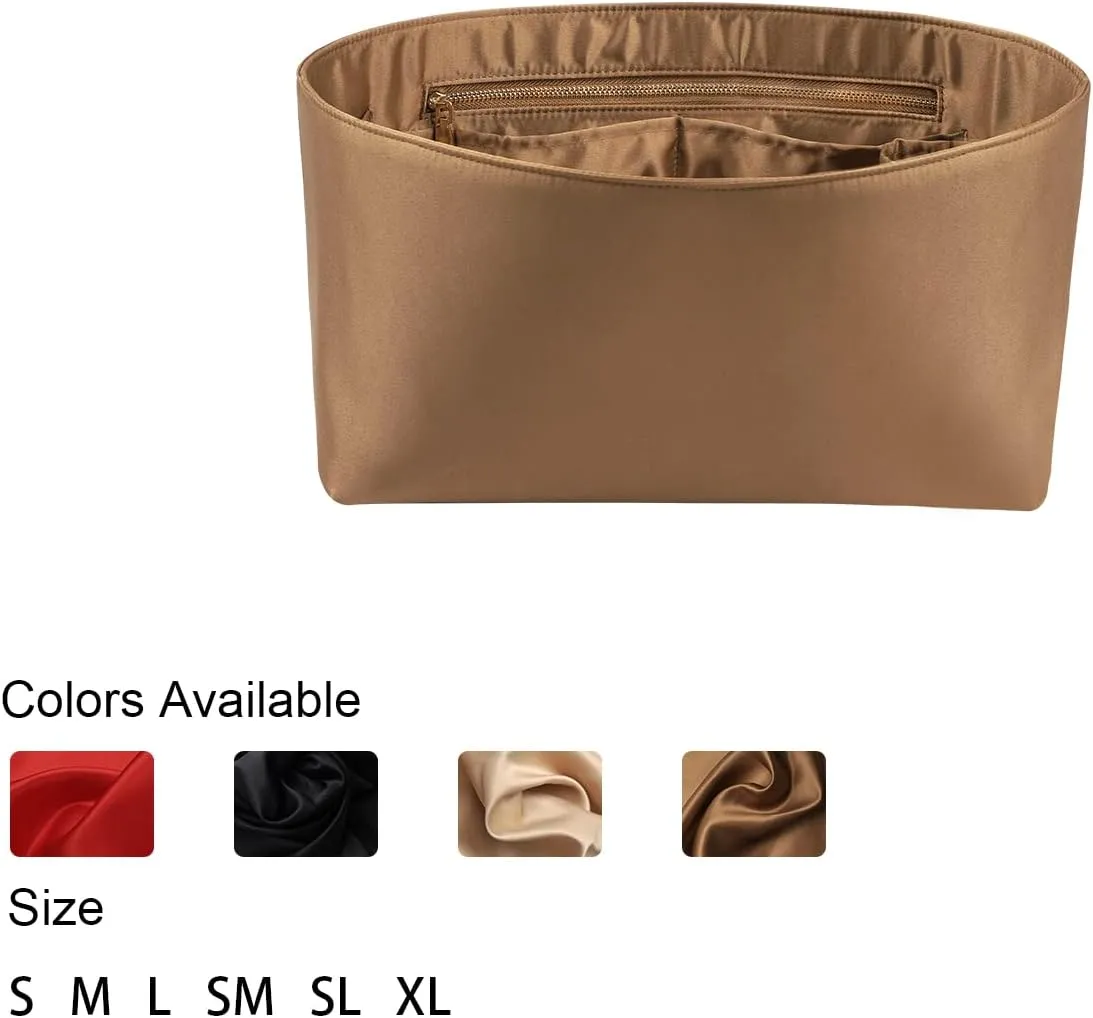 Purse Organizer Insert For Handbags, Silk Purse Organizer with Zipper, Silky Smooth, Bag Organizer For Speedy Neverfull Tote,onthego,Artsy, 6 Sizes (XL,Silky Brown)
