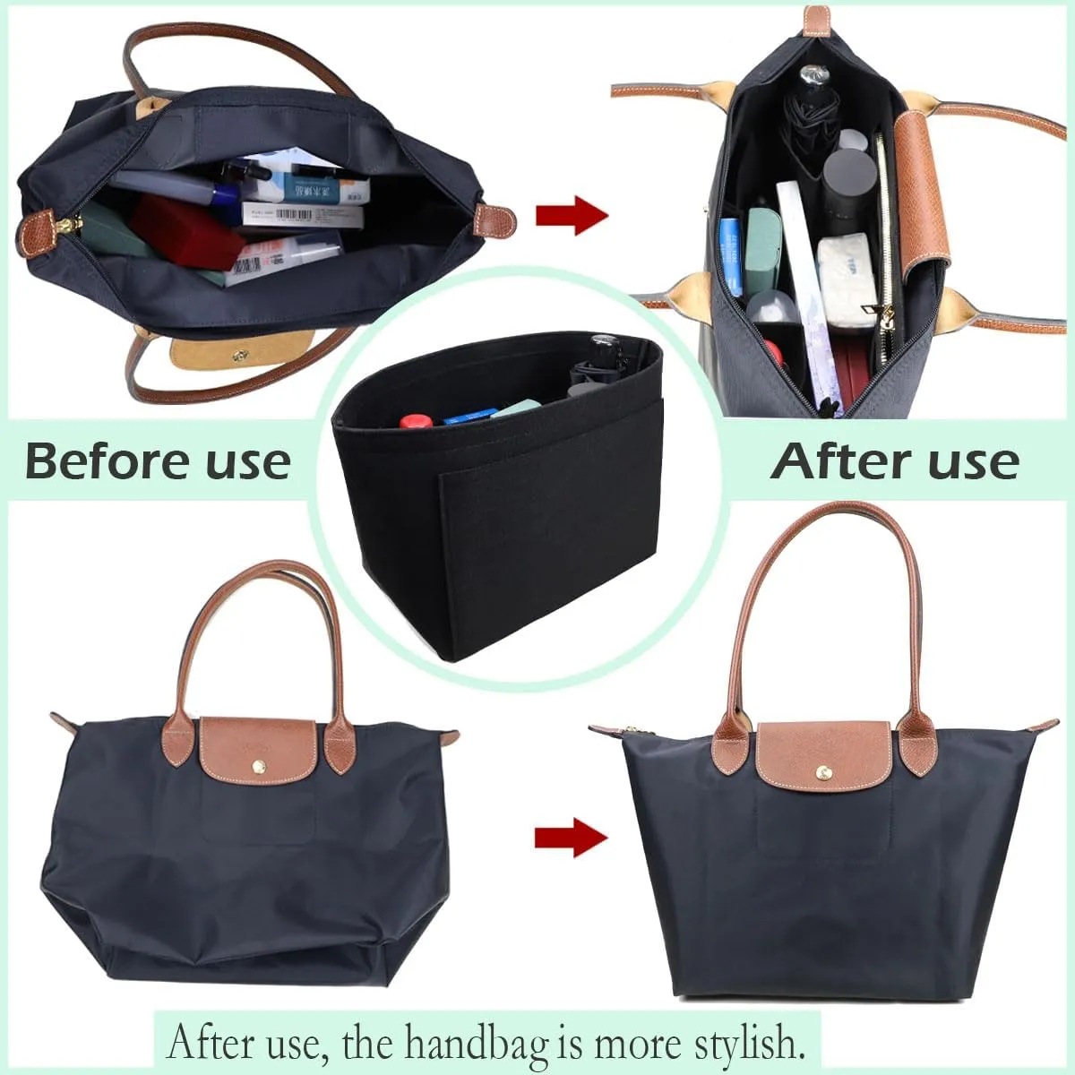 purse organizer insert for tote bag Longchamp Le Pliage tote bag purse inserts 1028black-M