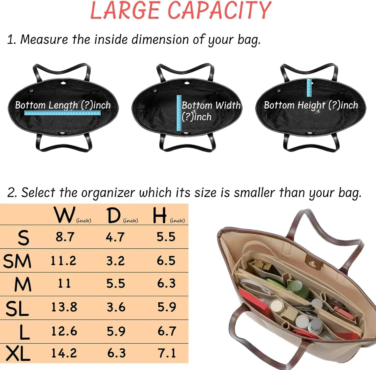 Purse Organizer Insert with Zipper Felt Bag Organizer Handbag Organizer Insert Bag in Bag Organizer with Key Chain for Tote Purse Bag Beige Slender-Medium