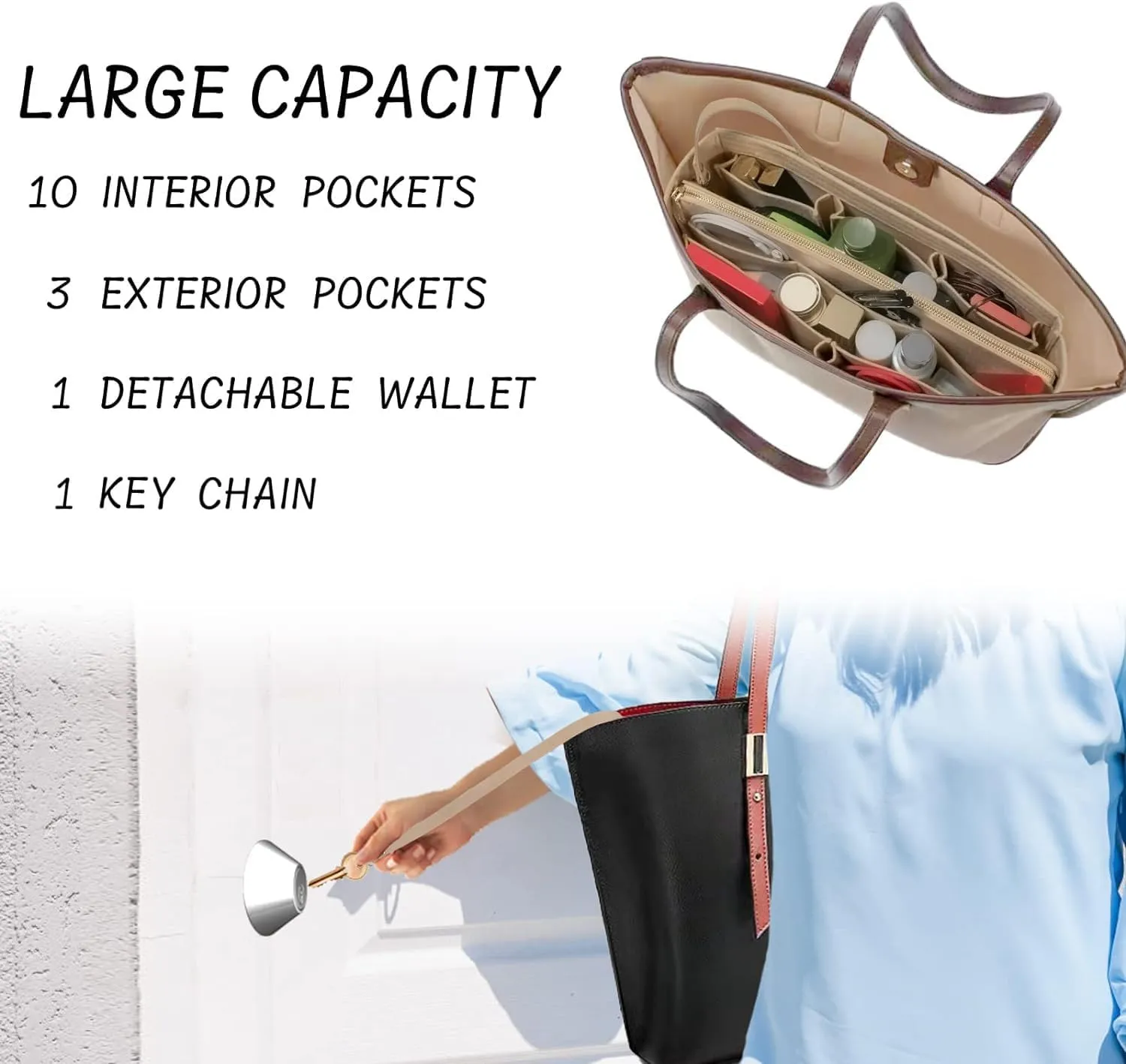Purse Organizer Insert with Zipper Felt Bag Organizer Handbag Organizer Insert Bag in Bag Organizer with Key Chain for Tote Purse Bag Beige Slender-Medium