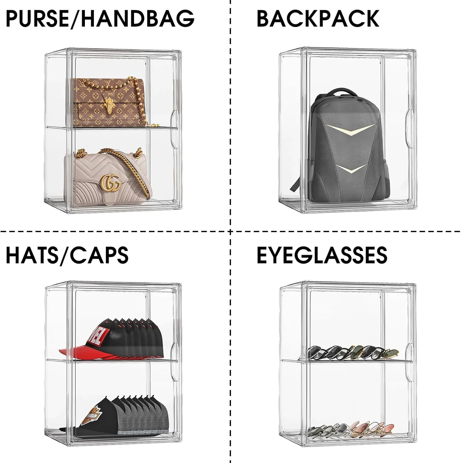 Purse Storage Organizer for Closet 3 Packs Clear Handbag Storage Organizer Acrylic Display Case with Adjustable Divider for Collectibles, Stackable Bag Organizer for Wallet, Figure, XXX-Large