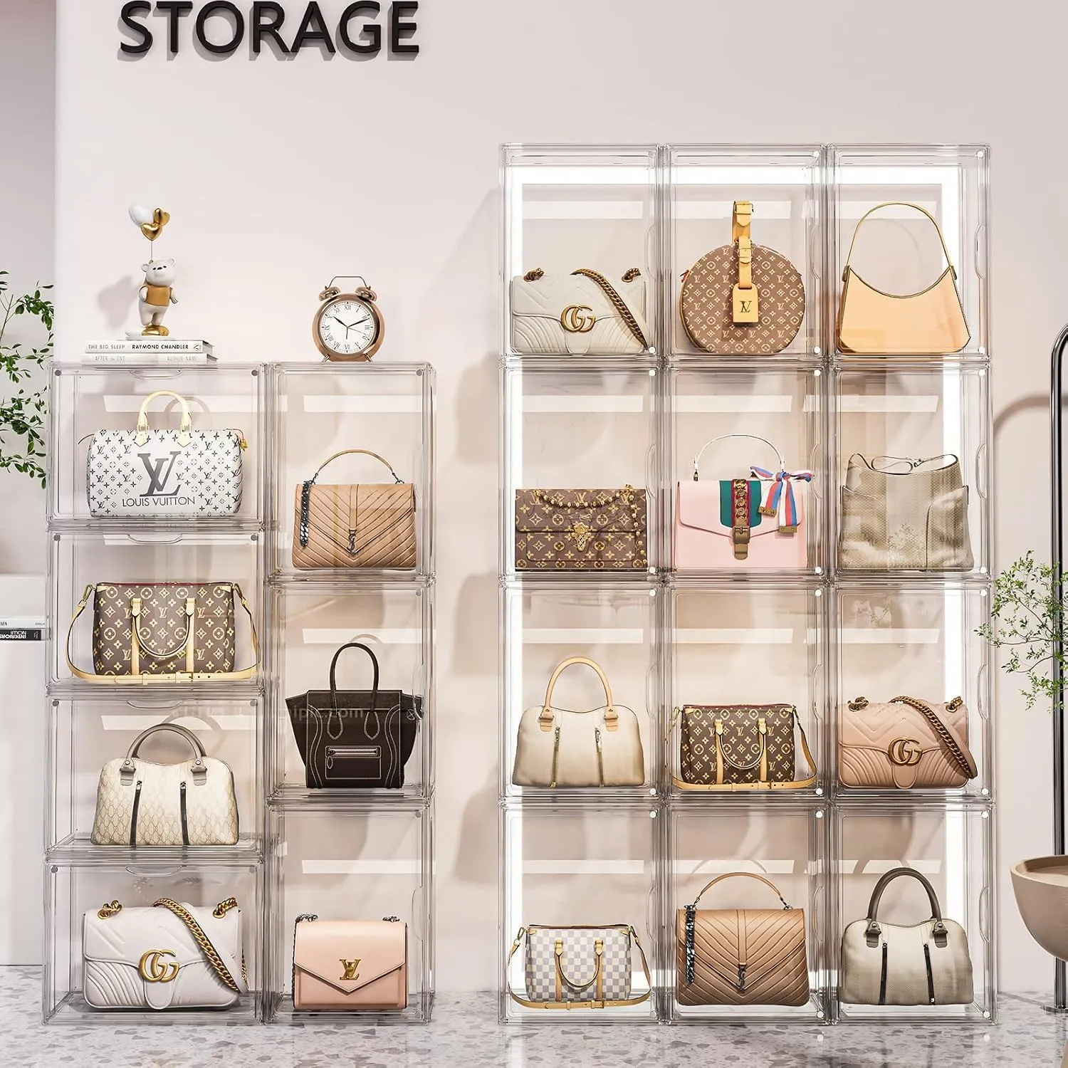 Purse Storage Organizer for Closet 3 Packs Clear Handbag Storage Organizer Acrylic Display Case with Adjustable Divider for Collectibles, Stackable Bag Organizer for Wallet, Figure, XXX-Large