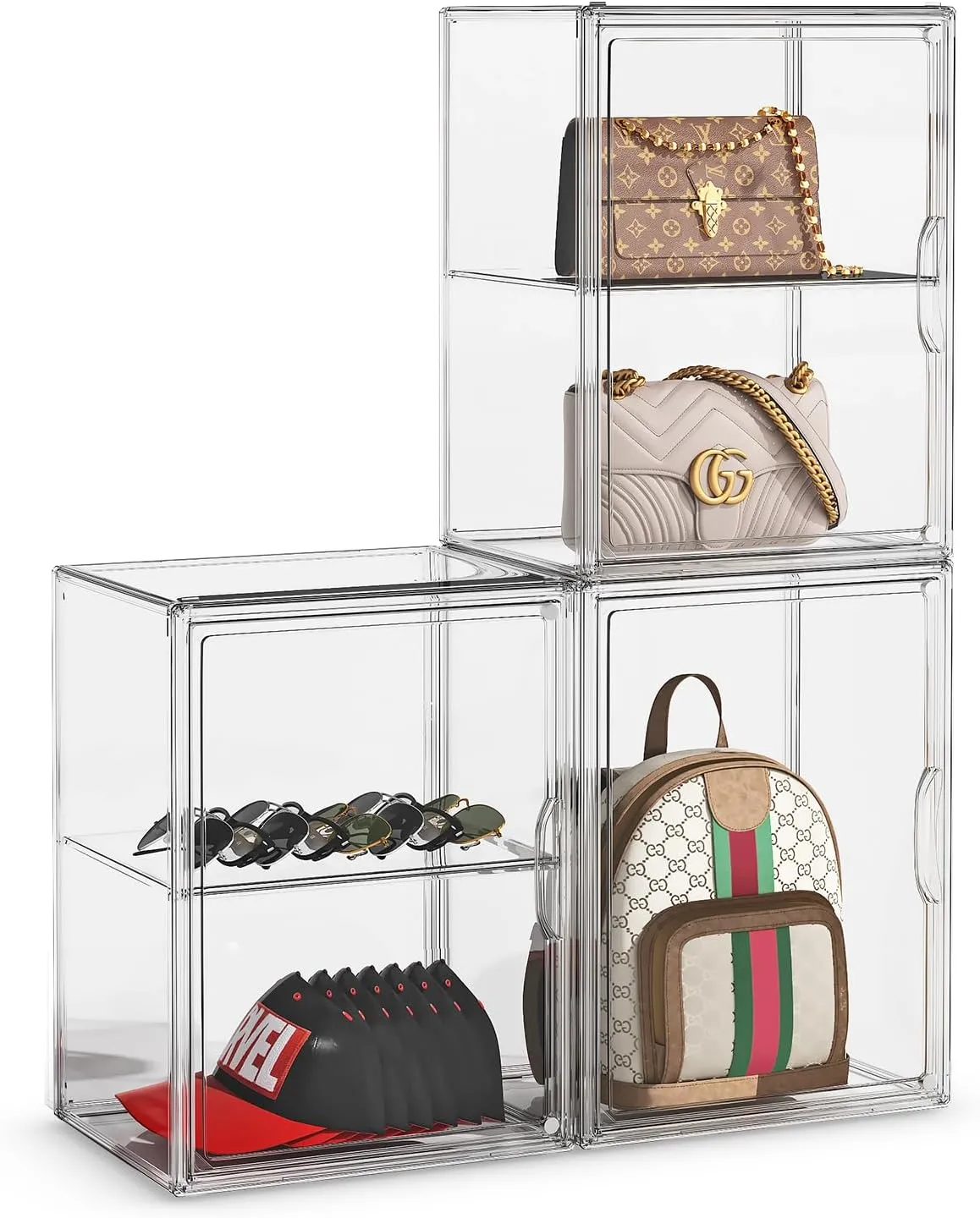 Purse Storage Organizer for Closet 3 Packs Clear Handbag Storage Organizer Acrylic Display Case with Adjustable Divider for Collectibles, Stackable Bag Organizer for Wallet, Figure, XXX-Large