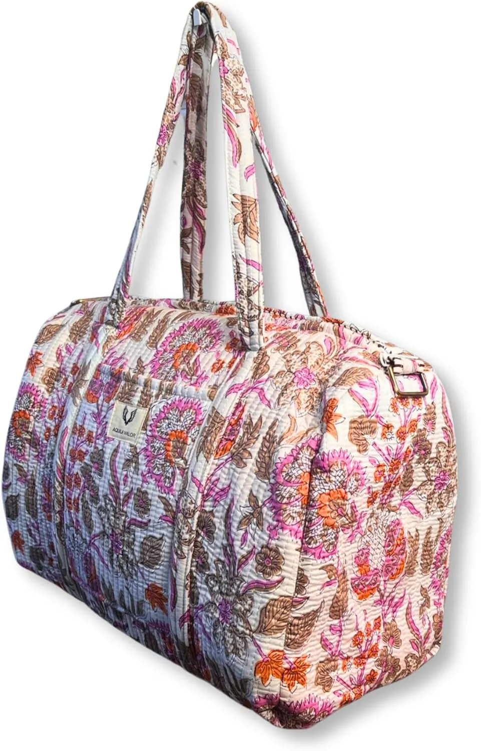 Quilted Cotton Travel Duffel Bag Weekender Short Trip Reinforced Stitching Gift for Her (Bloom Dust)