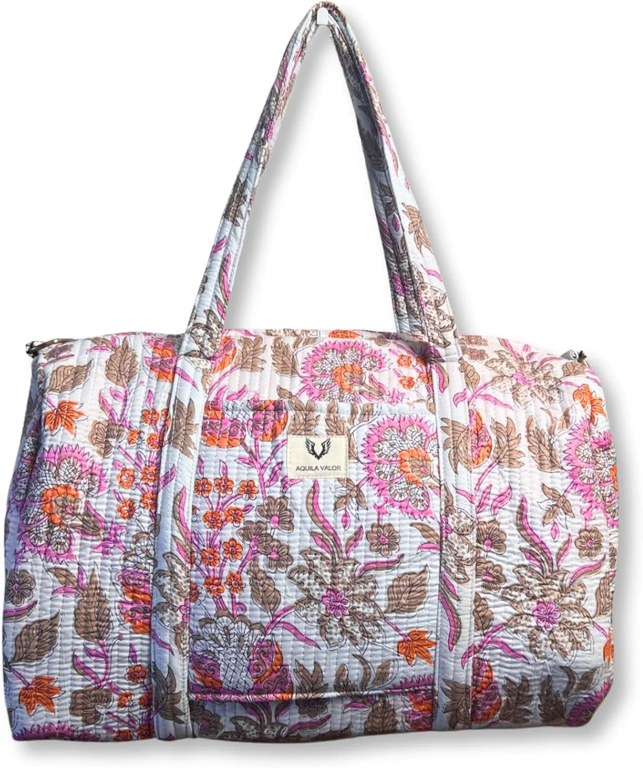 Quilted Cotton Travel Duffel Bag Weekender Short Trip Reinforced Stitching Gift for Her (Bloom Dust)