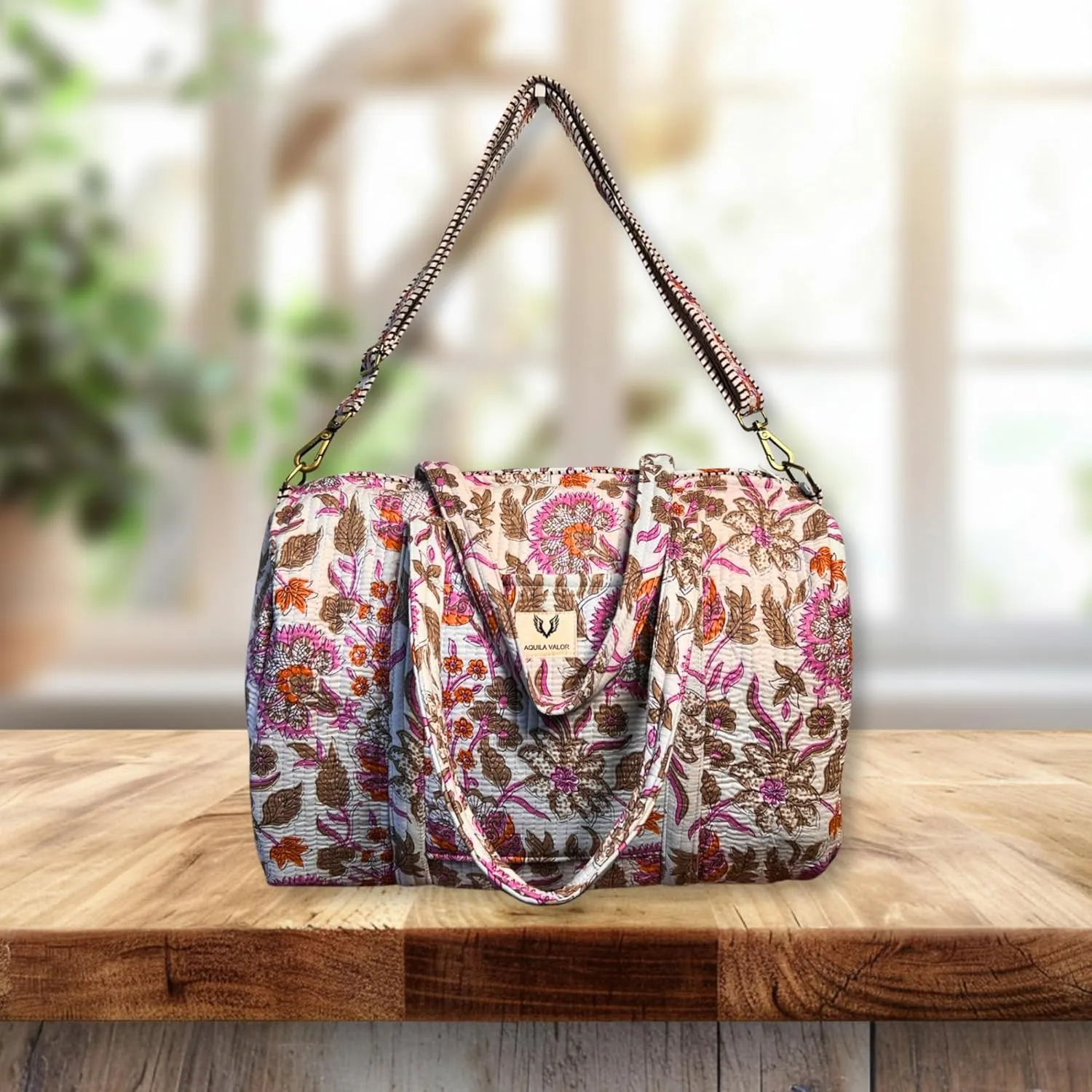 Quilted Cotton Travel Duffel Bag Weekender Short Trip Reinforced Stitching Gift for Her (Bloom Dust)