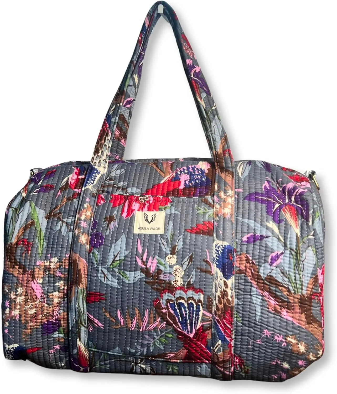 Quilted Cotton Travel Duffel Bag Weekender Short Trip Reinforced Stitching Gift for Her (Frosted Bloom)