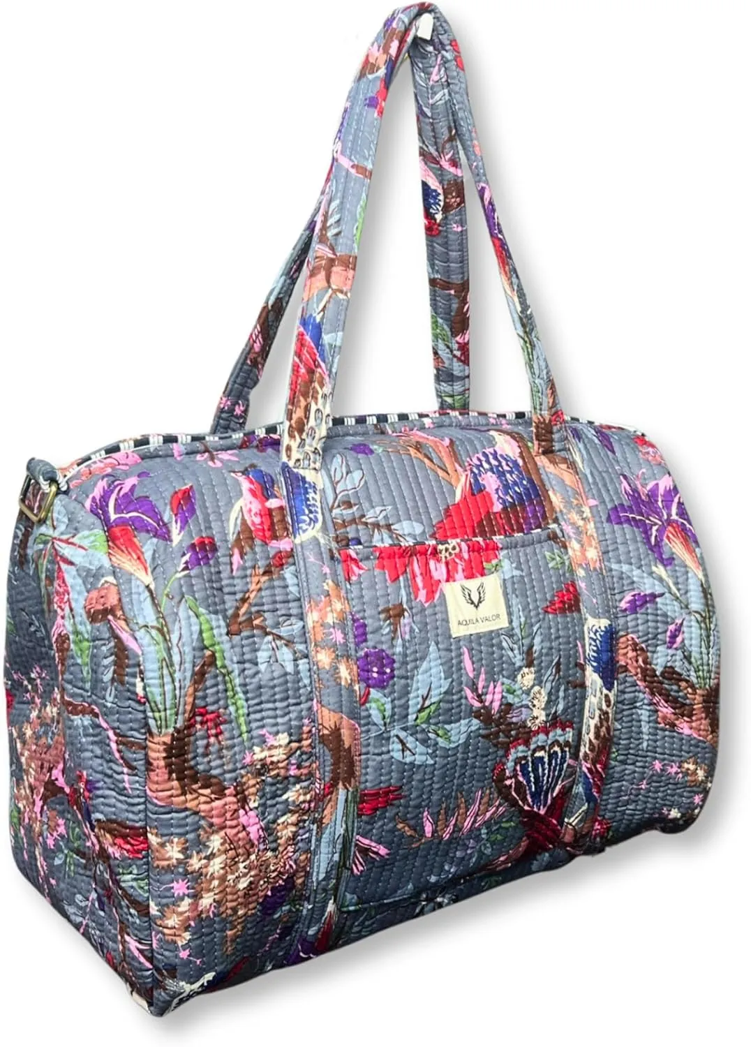 Quilted Cotton Travel Duffel Bag Weekender Short Trip Reinforced Stitching Gift for Her (Frosted Bloom)