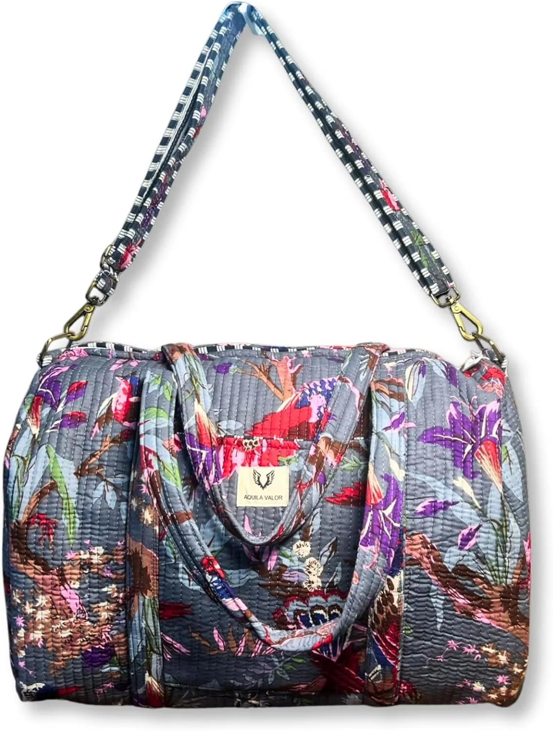 Quilted Cotton Travel Duffel Bag Weekender Short Trip Reinforced Stitching Gift for Her (Frosted Bloom)