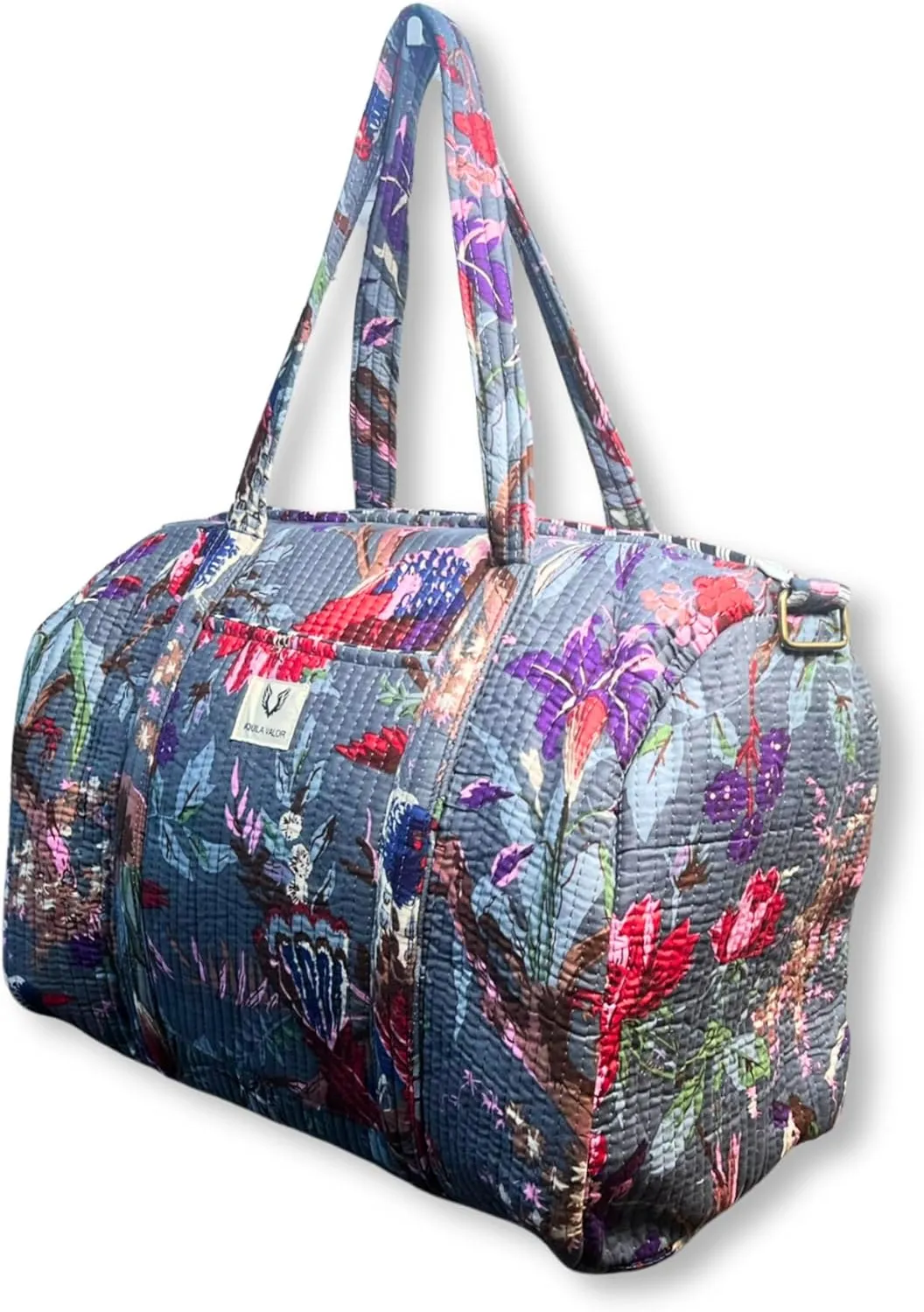 Quilted Cotton Travel Duffel Bag Weekender Short Trip Reinforced Stitching Gift for Her (Frosted Bloom)
