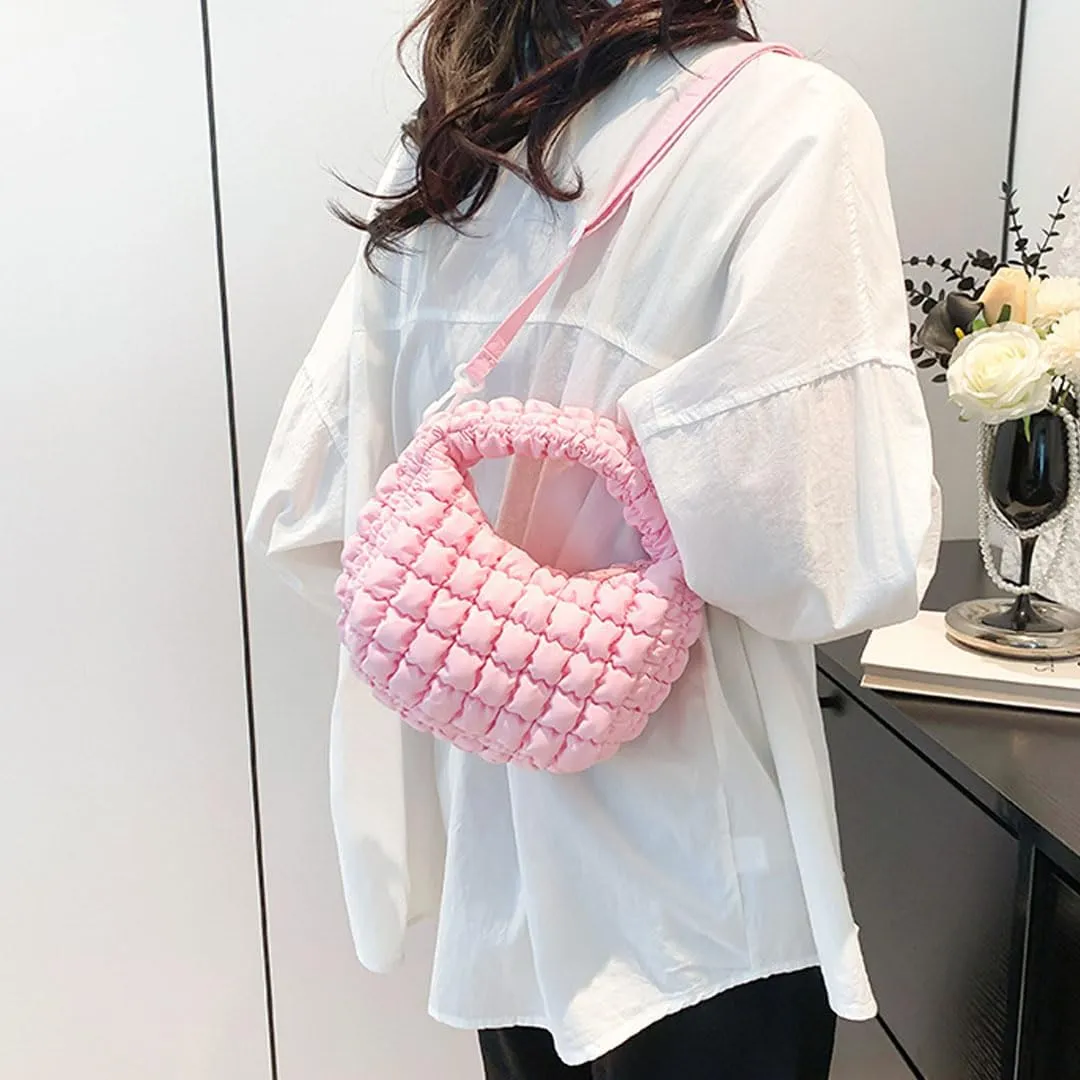 Quilted Puffer Tote Bag for Women Mini Purse Puff Bag Puffy Nylon Crossbody Bags Lightweight Carryall Bag Puffy Purses