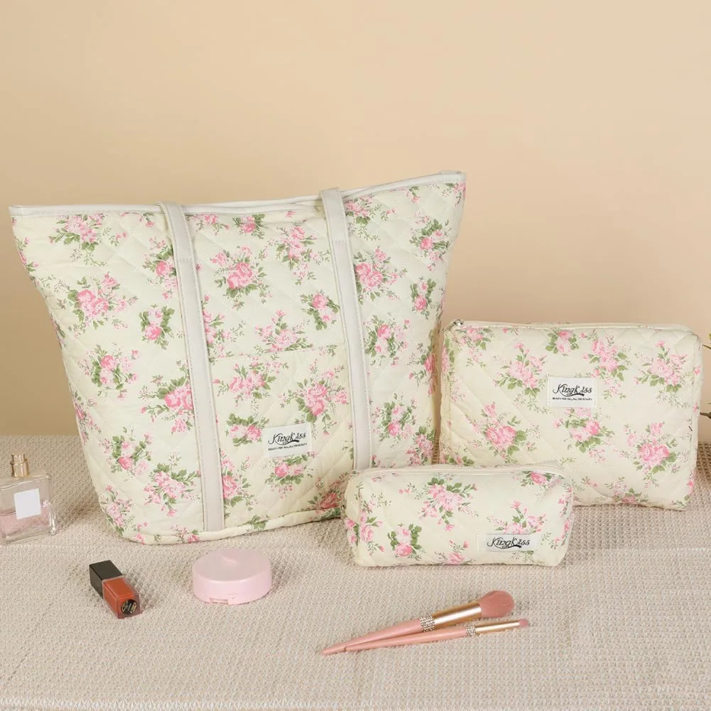 Quilted Tote Bag for Women Large Floral Cotton Tote Purses Cute Puffy Tote Bag Aesthetic Handbag for Shopping Travel