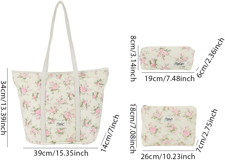 Quilted Tote Bag for Women Large Floral Cotton Tote Purses Cute Puffy Tote Bag Aesthetic Handbag for Shopping Travel