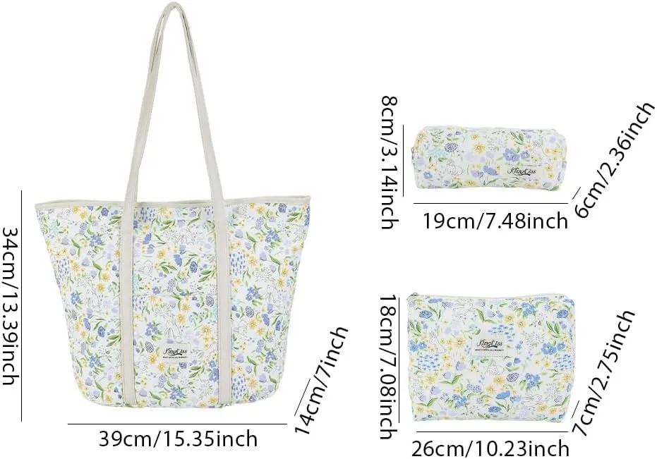 Quilted Tote Bag for Women Large Floral Cotton Tote Purses Cute Puffy Tote Bag Aesthetic Handbag for Shopping Travel