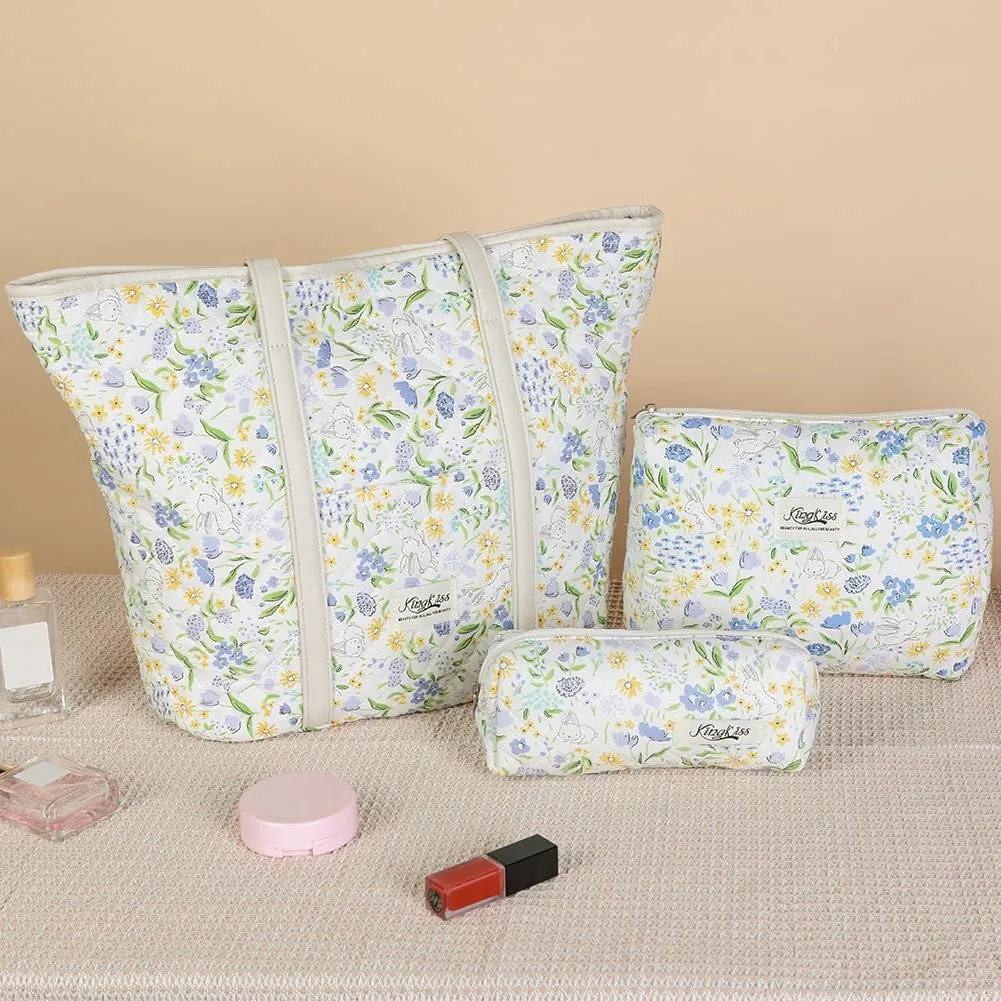 Quilted Tote Bag for Women Large Floral Cotton Tote Purses Cute Puffy Tote Bag Aesthetic Handbag for Shopping Travel
