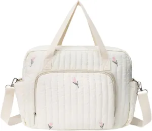Quilted Travel Duffle Bag for Women Floral Quilted Overnight Bag with Adjustable Strap Cotton Gym Bag Carry On Tote for Travel Business Trips Sport