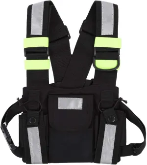 Radio Chest Harness Rig Holster Pack with Front Pouches Zipper Bag and Green Reflective Strips for Walkie Talkies Two Way Radio