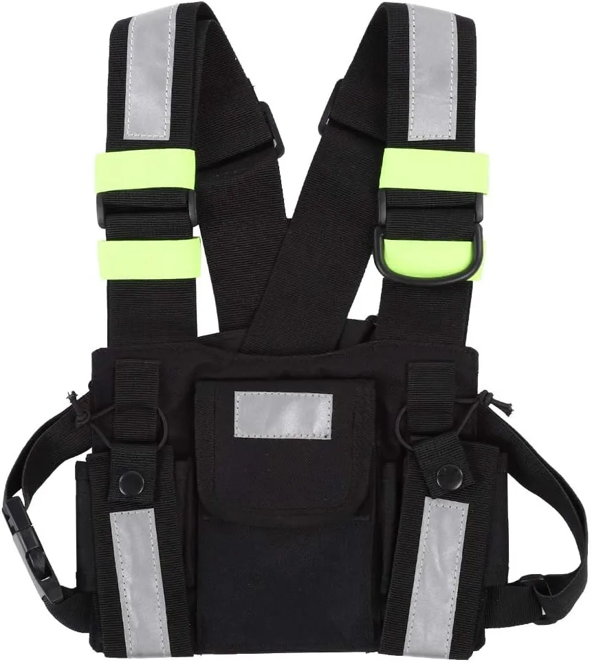 Radio Chest Harness Rig Holster Pack with Front Pouches Zipper Bag and Green Reflective Strips for Walkie Talkies Two Way Radio