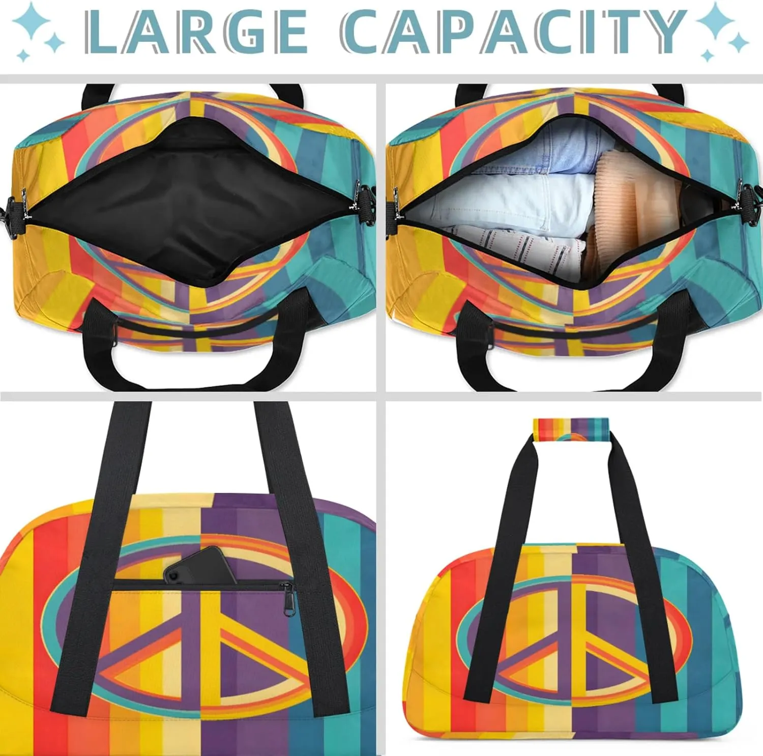 Rainbow Peace Sign Small Gym Bag 18 inch Carry On Duffel Bag for Weekender Travel Sports Workout Yoga Gymnastics Dance Ballet