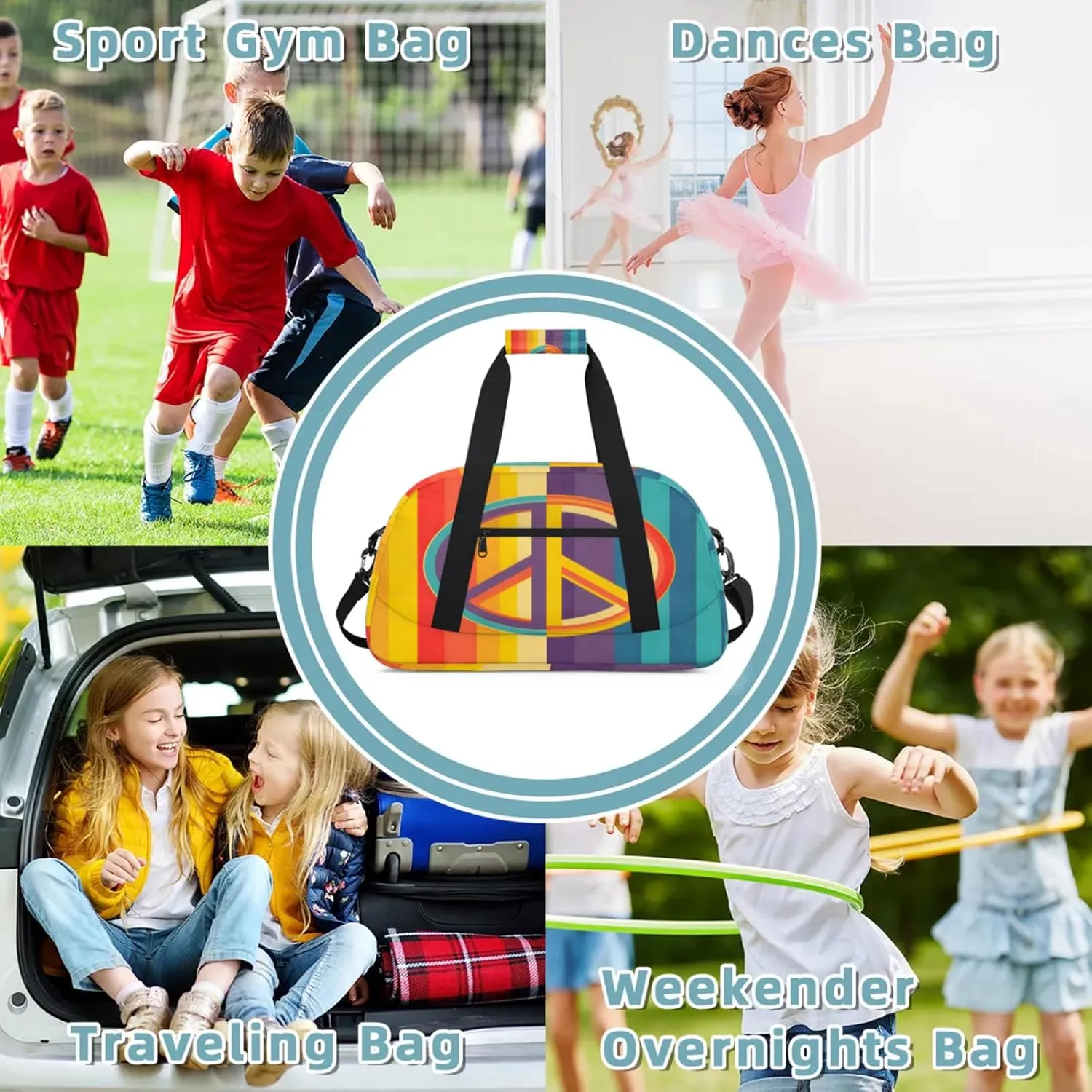 Rainbow Peace Sign Small Gym Bag 18 inch Carry On Duffel Bag for Weekender Travel Sports Workout Yoga Gymnastics Dance Ballet