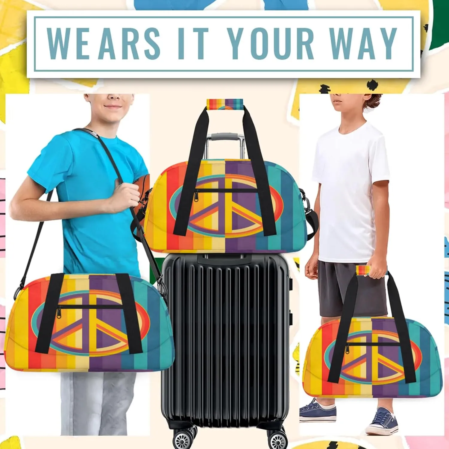 Rainbow Peace Sign Small Gym Bag 18 inch Carry On Duffel Bag for Weekender Travel Sports Workout Yoga Gymnastics Dance Ballet