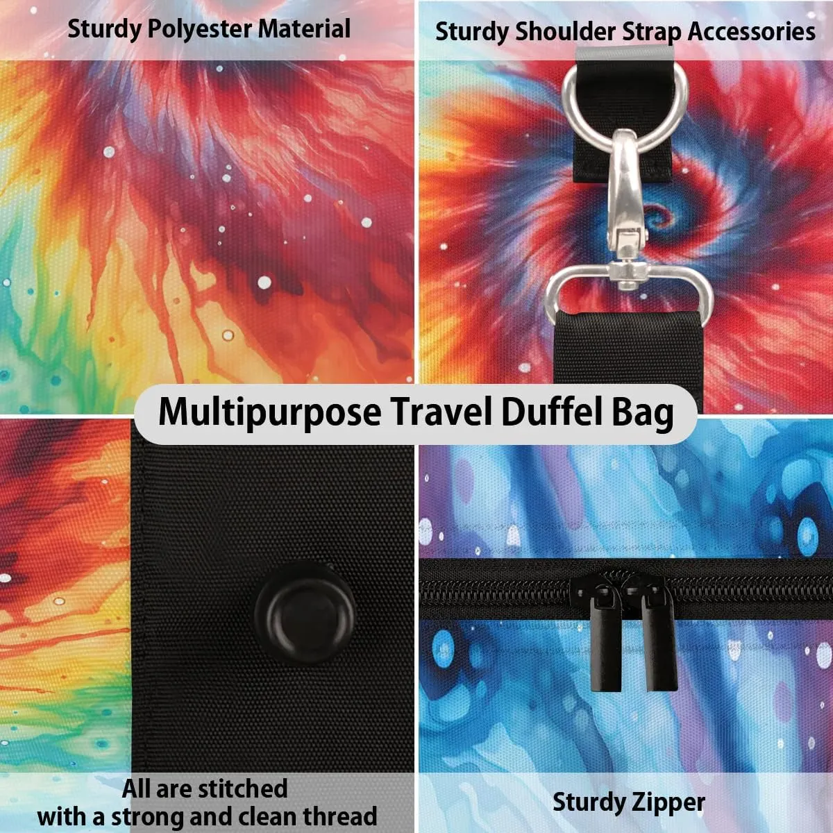 Rainbow Tie Dye Travel Duffel Bag for Women Men Waterproof Foldable Overnight Weekender Bag Large Capacity Sports Gym Bag