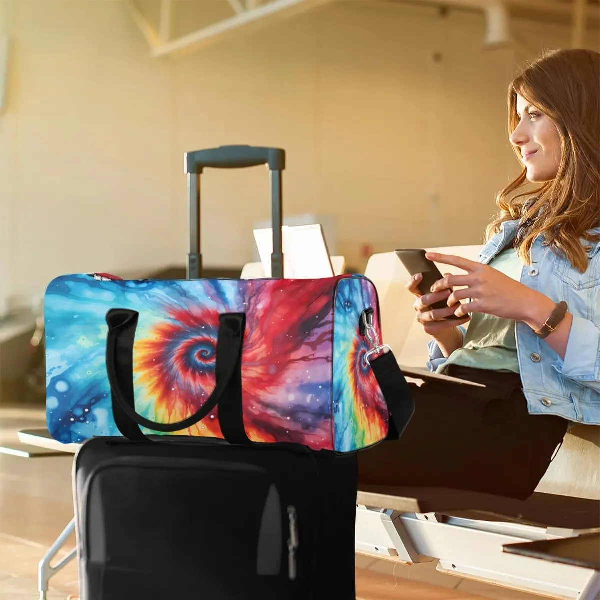 Rainbow Tie Dye Travel Duffel Bag for Women Men Waterproof Foldable Overnight Weekender Bag Large Capacity Sports Gym Bag