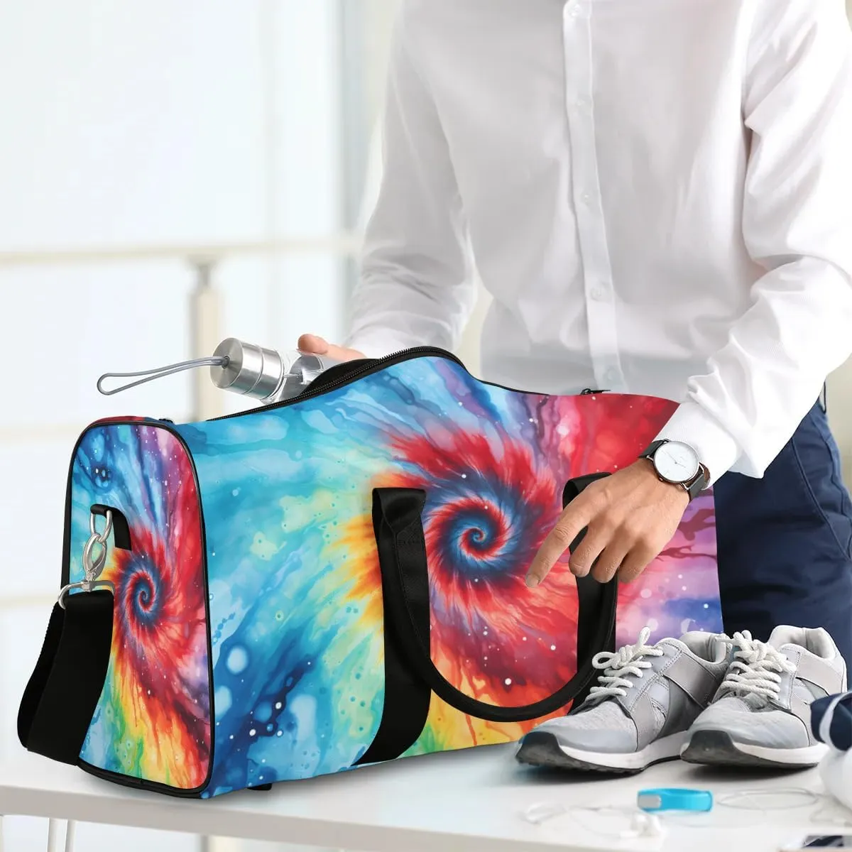 Rainbow Tie Dye Travel Duffel Bag for Women Men Waterproof Foldable Overnight Weekender Bag Large Capacity Sports Gym Bag
