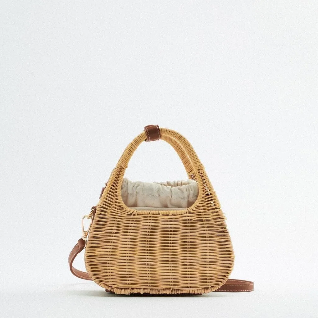 Rattan Bag Ladies Hand Woven Basket Bag Vintage Shoulder Messenger Bag Ladies(D)