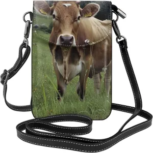 Real Swiss Cow Brown Printed Crossbody Cell Phone Bag for Women Men, Small Leather Cell Phone Purse Wallet with Adjustable Strap