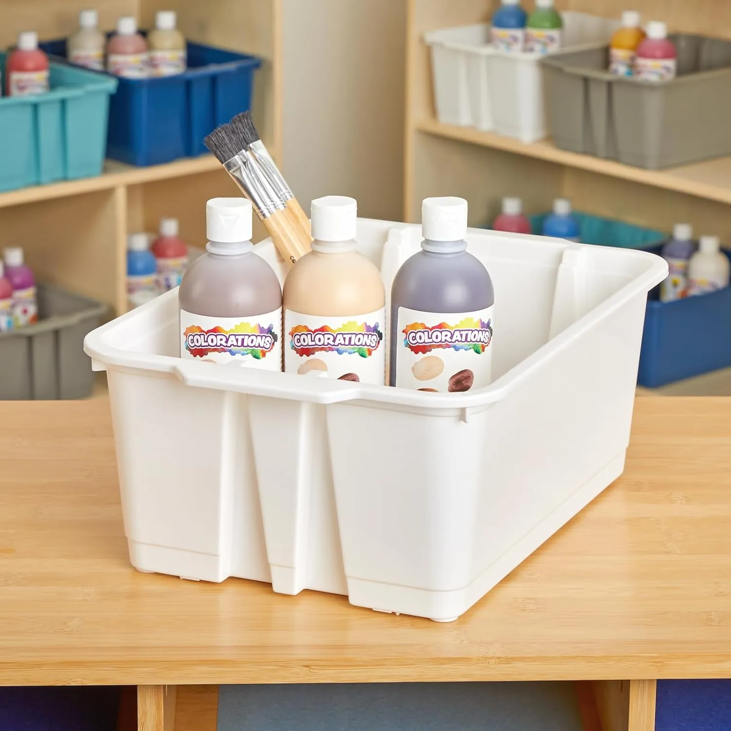 Really Good Stuff Stacking Bins, 14" x 10" x 5 .75" - 6 Pack, White, Stackable Storage Plastic Bins for Classroom Organization, Home Storage, Office & Hospital Supplies