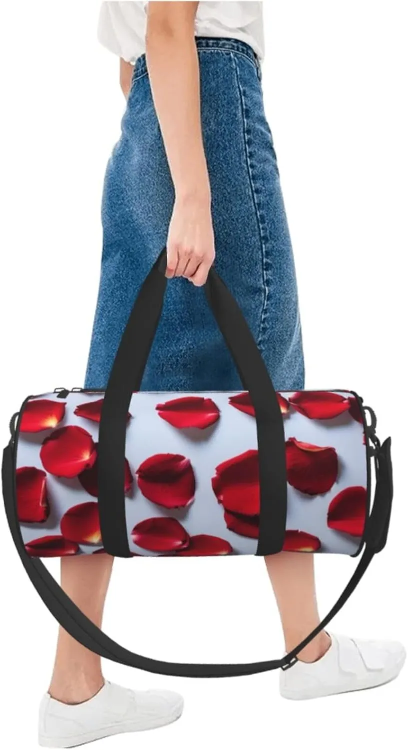 Red Rose Petals Printed Travel Bag,Round Personal Item Storage bag,Foldie Duffel Bag for Traveling Vacation,Fitness,Sports