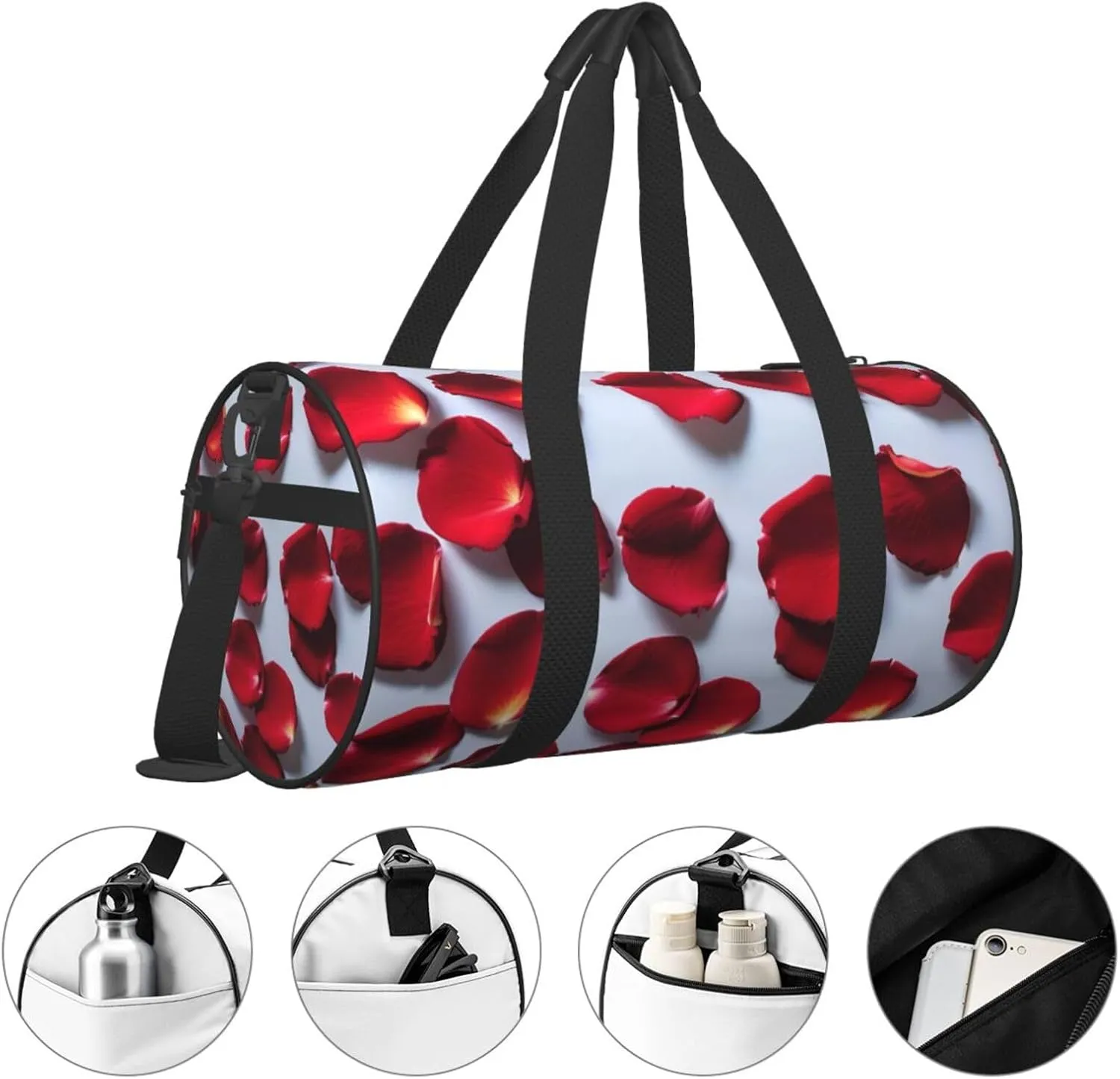 Red Rose Petals Printed Travel Bag,Round Personal Item Storage bag,Foldie Duffel Bag for Traveling Vacation,Fitness,Sports