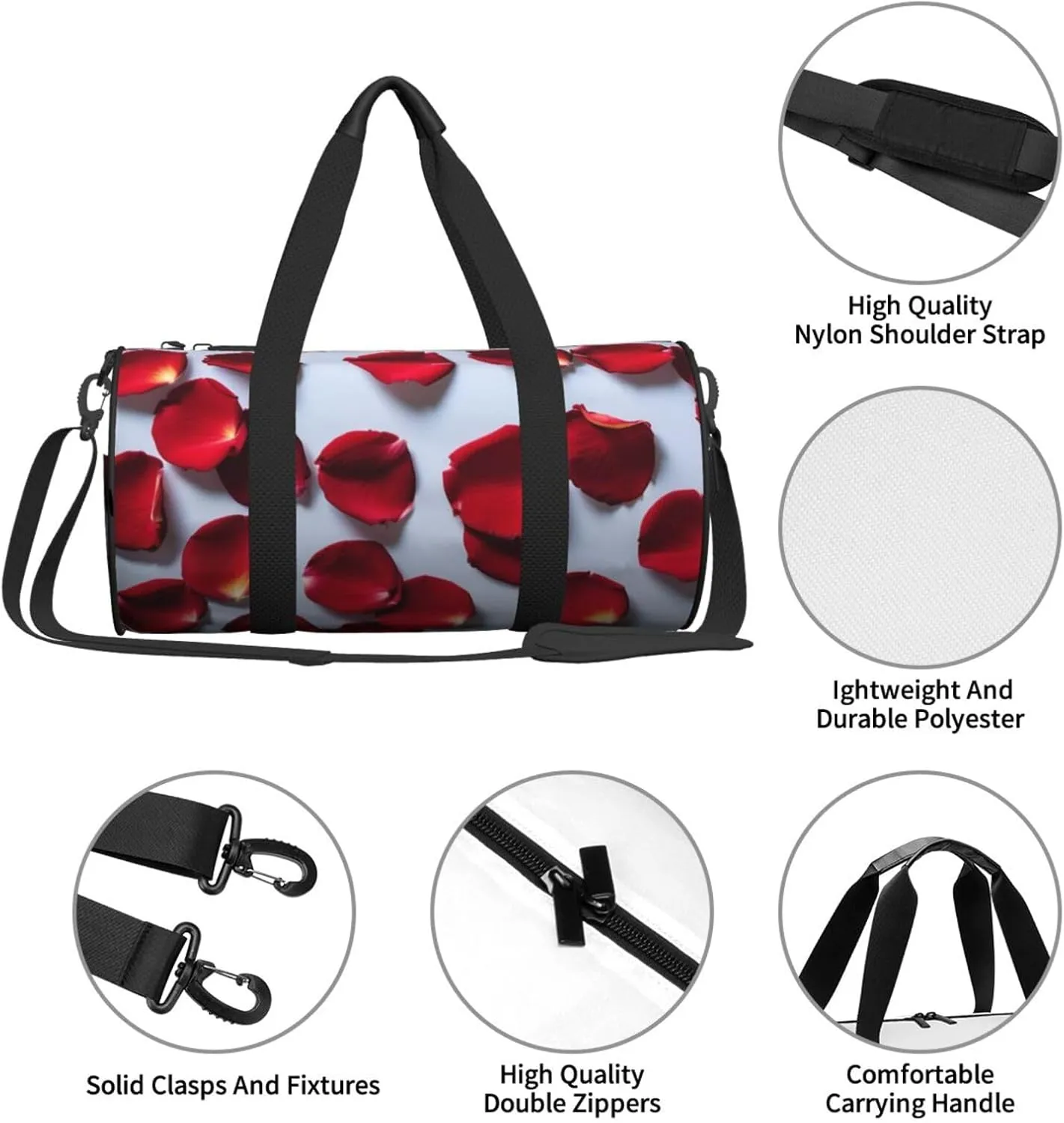 Red Rose Petals Printed Travel Bag,Round Personal Item Storage bag,Foldie Duffel Bag for Traveling Vacation,Fitness,Sports