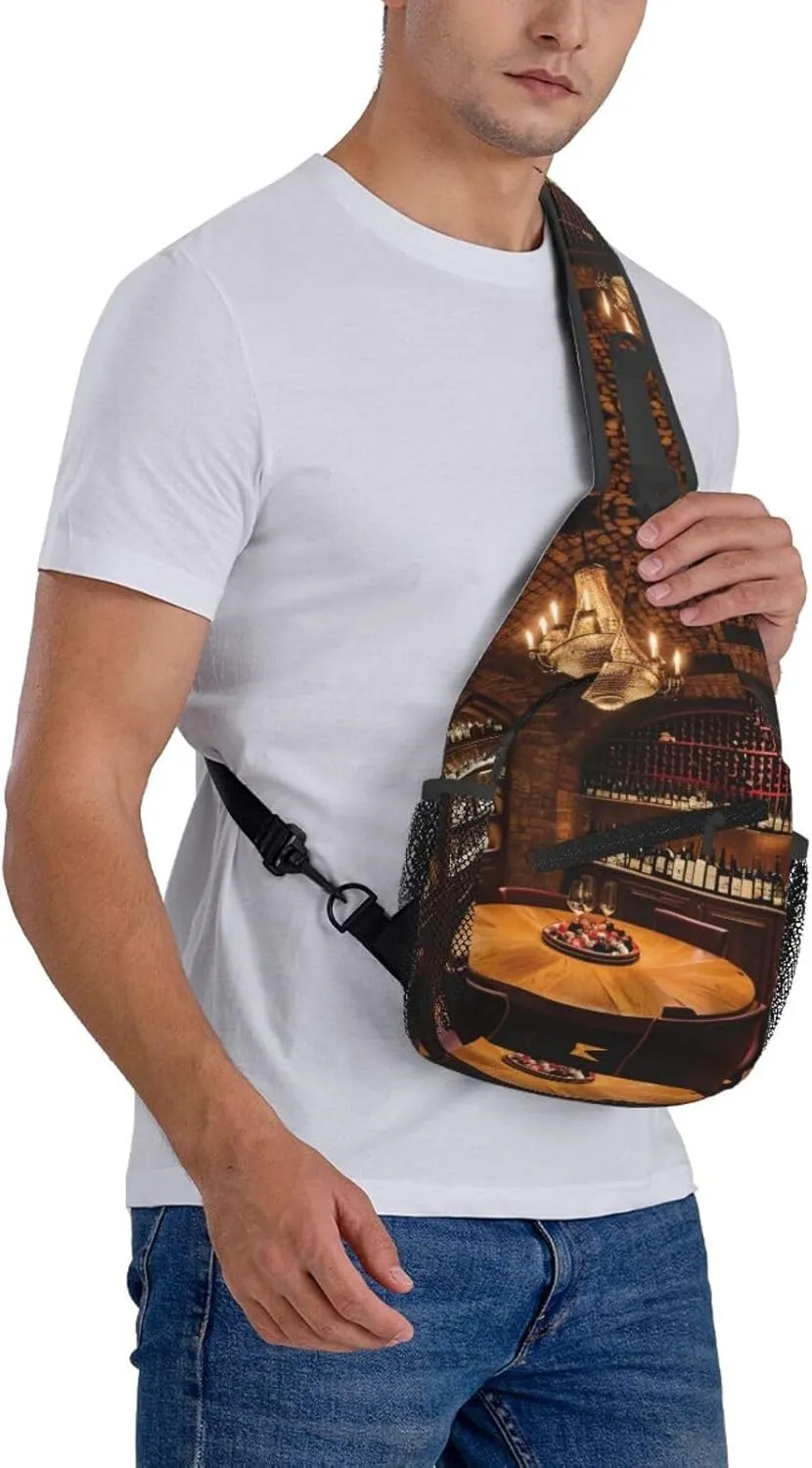 Red Wine Cellar Picture Print Diagonally Sling Bag,Crossbody Sling Backpack Shoulder Chest Bag For Women Men,Hiking