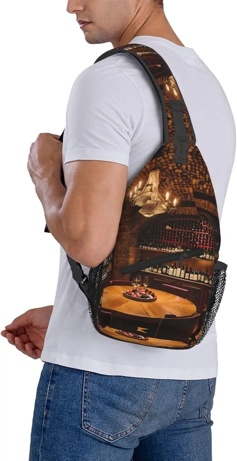 Red Wine Cellar Picture Print Diagonally Sling Bag,Crossbody Sling Backpack Shoulder Chest Bag For Women Men,Hiking