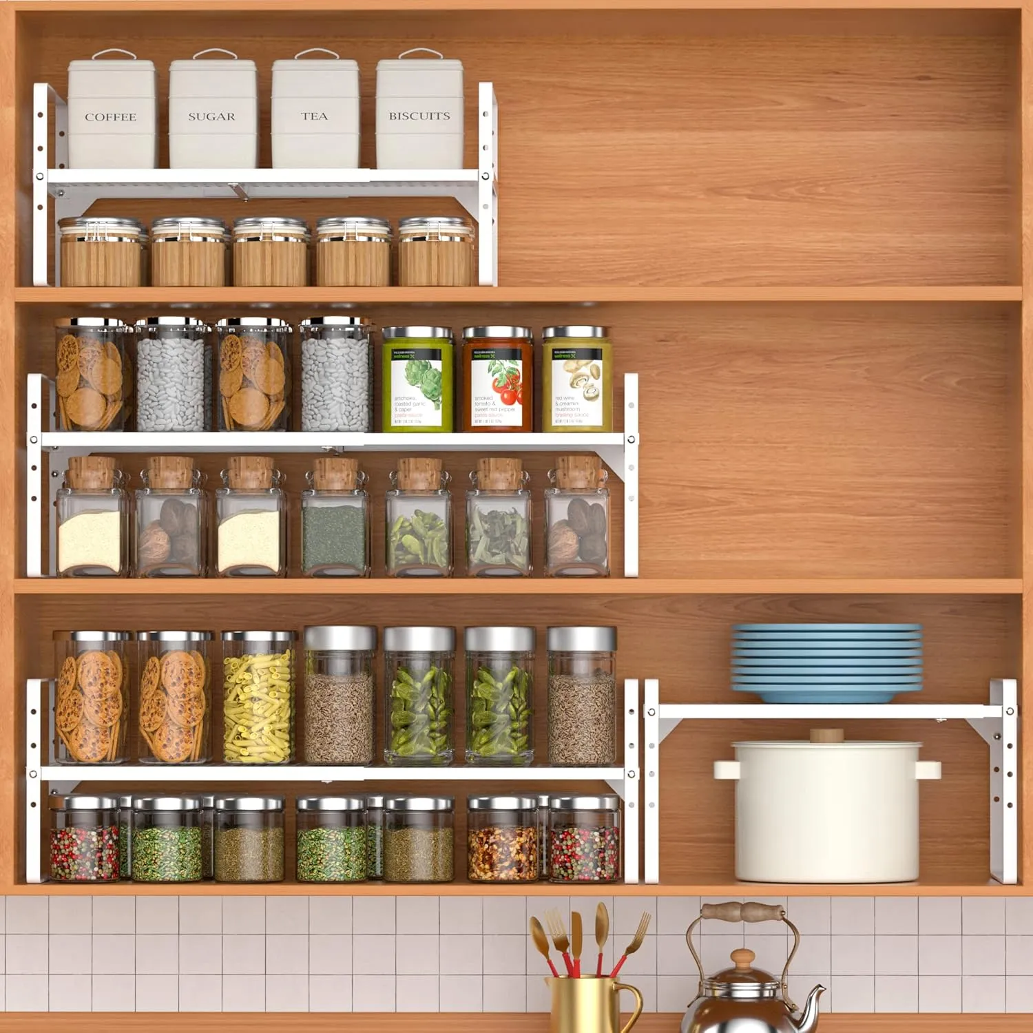 Redrubbit Expandable Cabinet Storage Shelf, Adjustable Height Steel Metal Kitchen Counter Organizers Shelves Spice Rack for Kitchen Pantry Bathroom Cupboard Desk Home Office, White-3 Pack