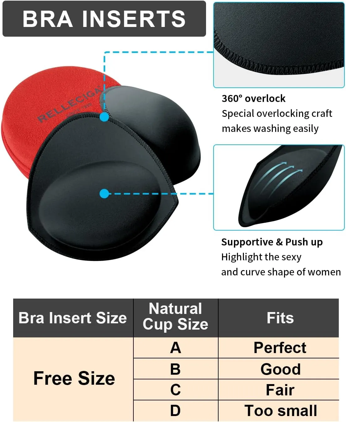 RELLECIGA Women's Push Up Bra Inserts Breast Enhancer Cups Removable Sport Bra Cups Inserts