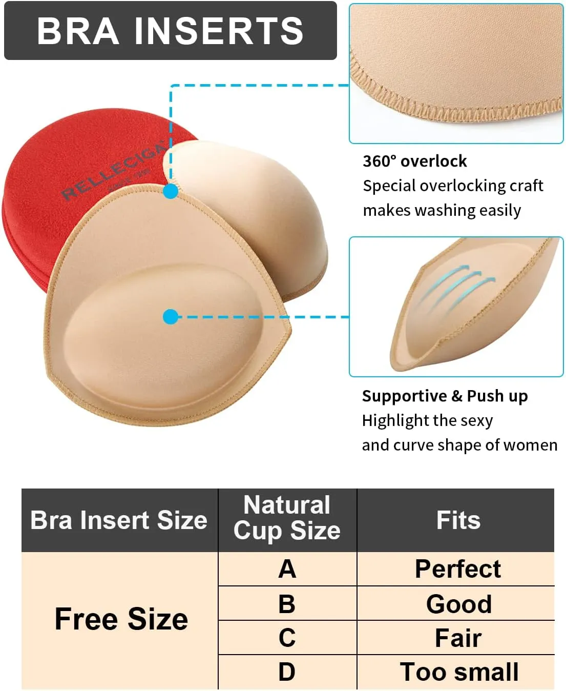 RELLECIGA Women's Push Up Bra Inserts Breast Enhancer Cups Removable Sport Bra Cups Inserts