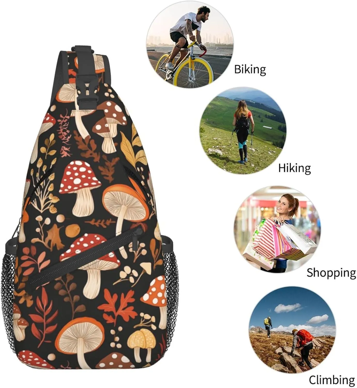 Retro Mushroom Crossbody Sling Bag for Women Men Chest Daypack Crossbody Backpack Travel Sports Hiking Working