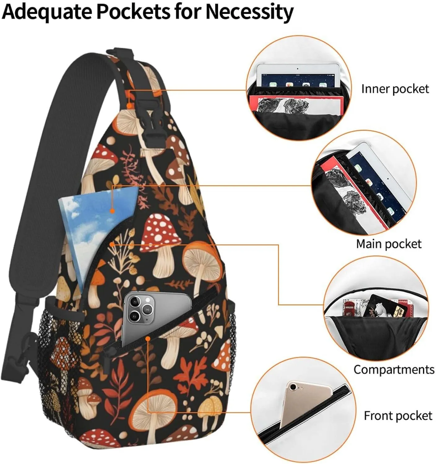 Retro Mushroom Crossbody Sling Bag for Women Men Chest Daypack Crossbody Backpack Travel Sports Hiking Working