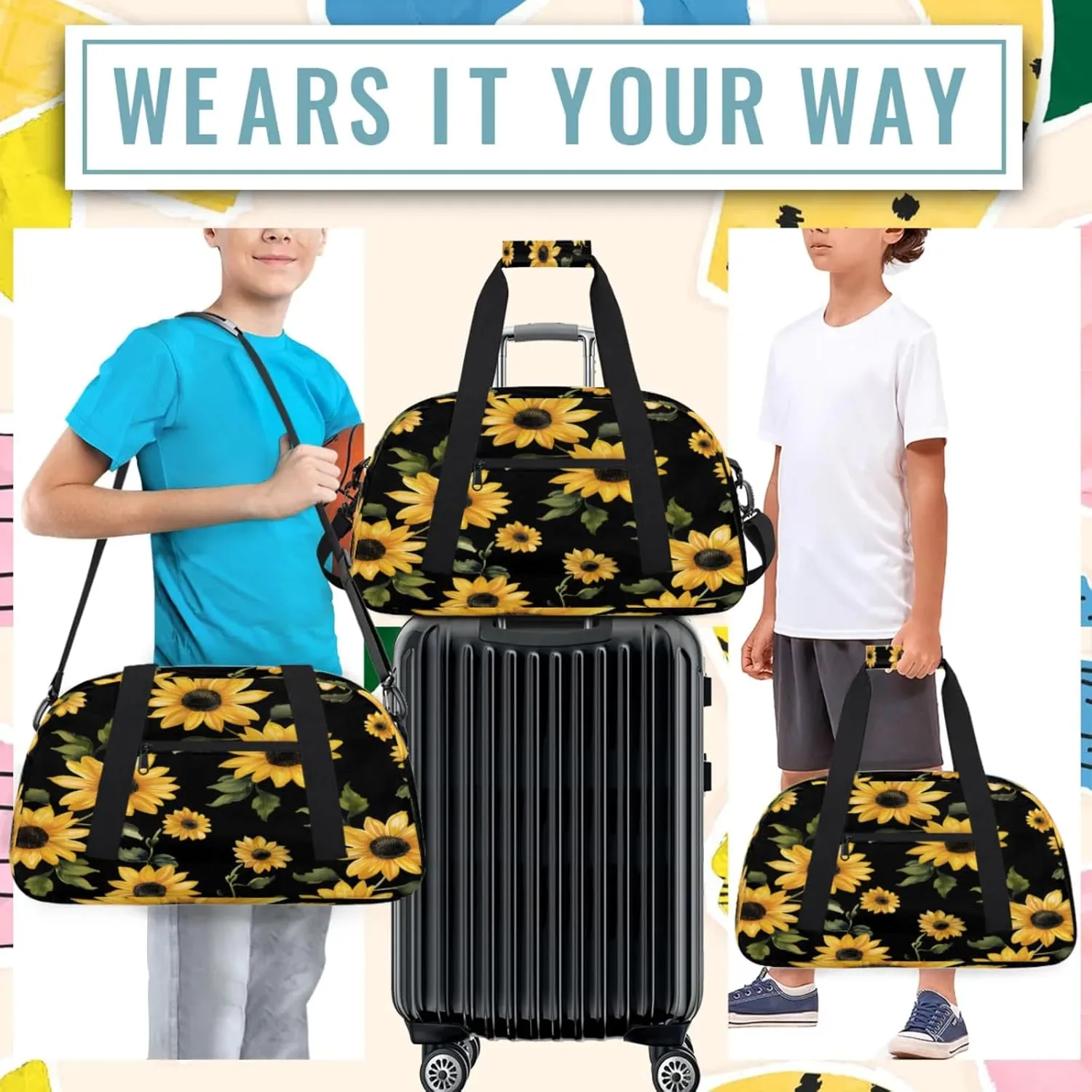 Retro Sunflowers Floral Small Gym Bag 18 inch Carry On Duffel Bag for Weekender Travel Sports Workout Yoga Gymnastics Dance Ballet