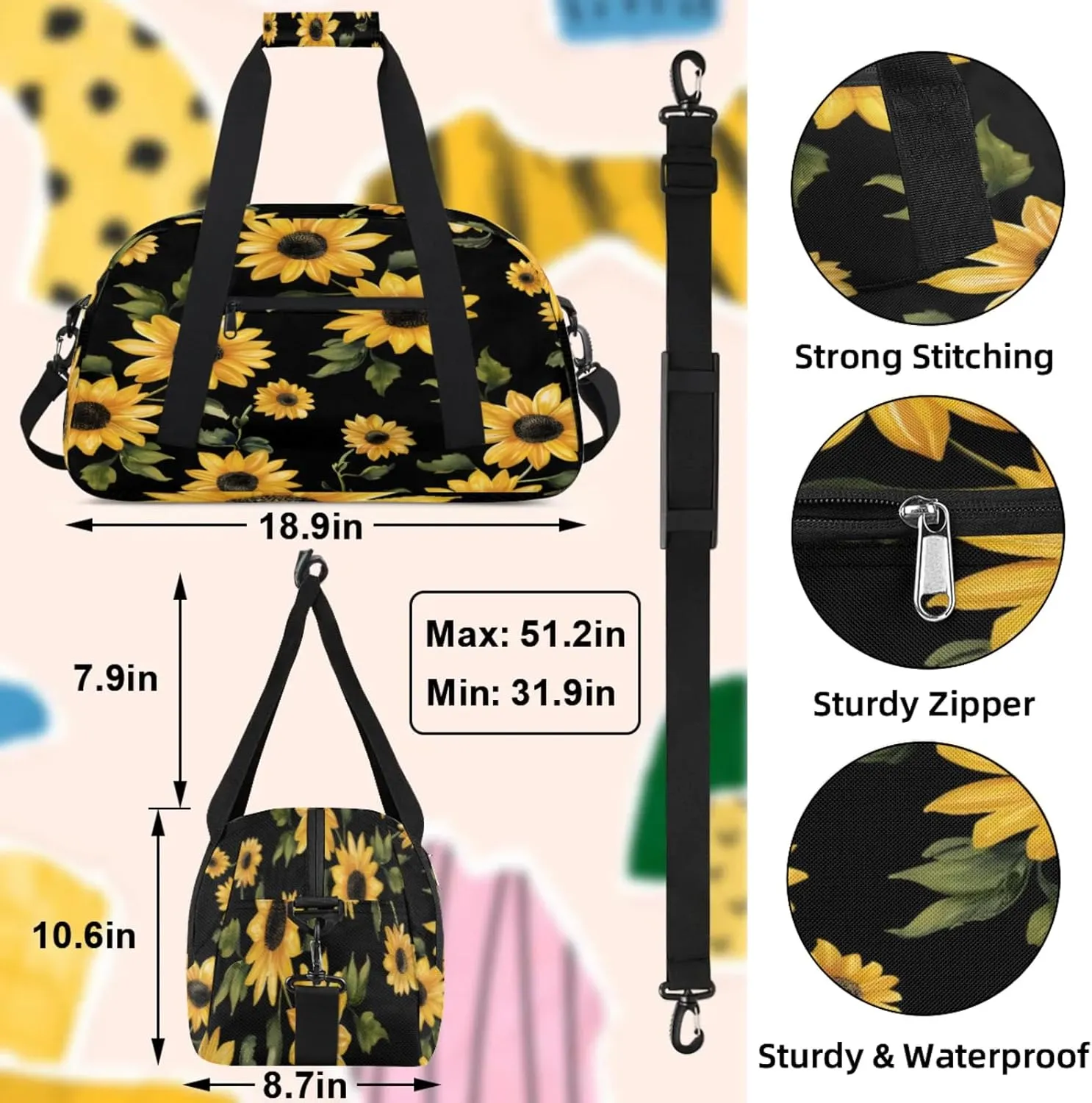 Retro Sunflowers Floral Small Gym Bag 18 inch Carry On Duffel Bag for Weekender Travel Sports Workout Yoga Gymnastics Dance Ballet