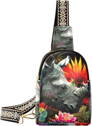 Rhinoceros Flowers Print Women Sling Bag with Adjustable Strap Zipper Closure, PU Leather Water Resistant Crossbody Bag Purse Chest Bag
