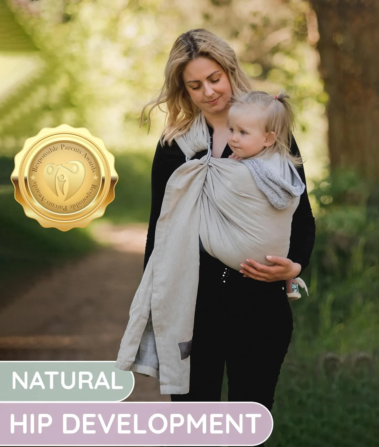 Ring Sling Baby Carrier 100% Cotton Muslin Front and Chest Newborn to Toddler Carrier and Baby Sling (Beige Grey)